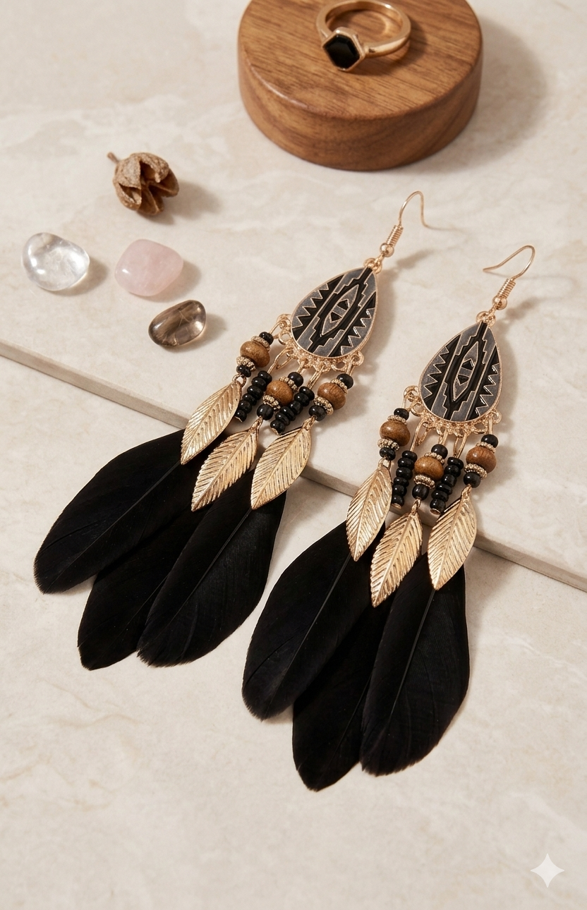Black Feather Boho Drop Earrings