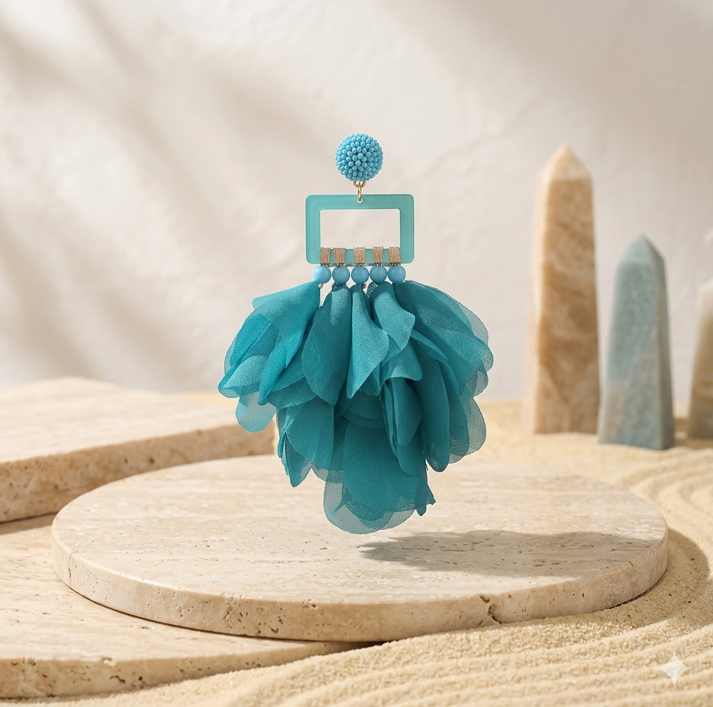 Teal Chiffon Petal Drop Earrings