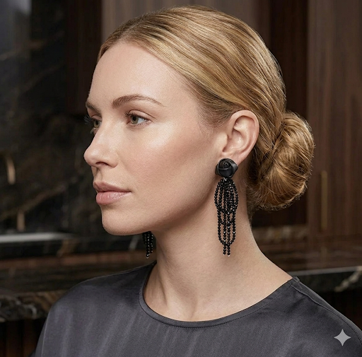 Black Rose Crystal Tassel Earrings