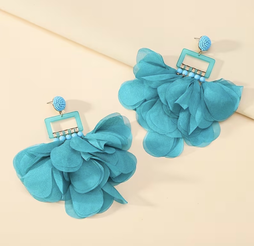 Teal Chiffon Petal Drop Earrings