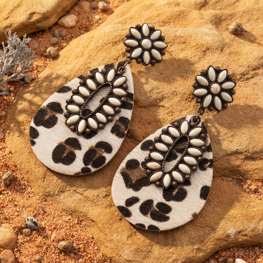 Cow Print Howlite Statement Earrings