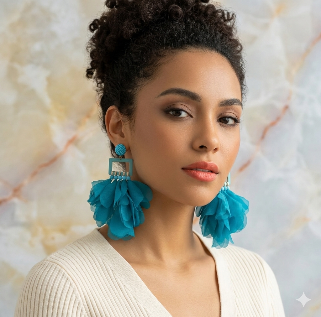 Teal Chiffon Petal Drop Earrings