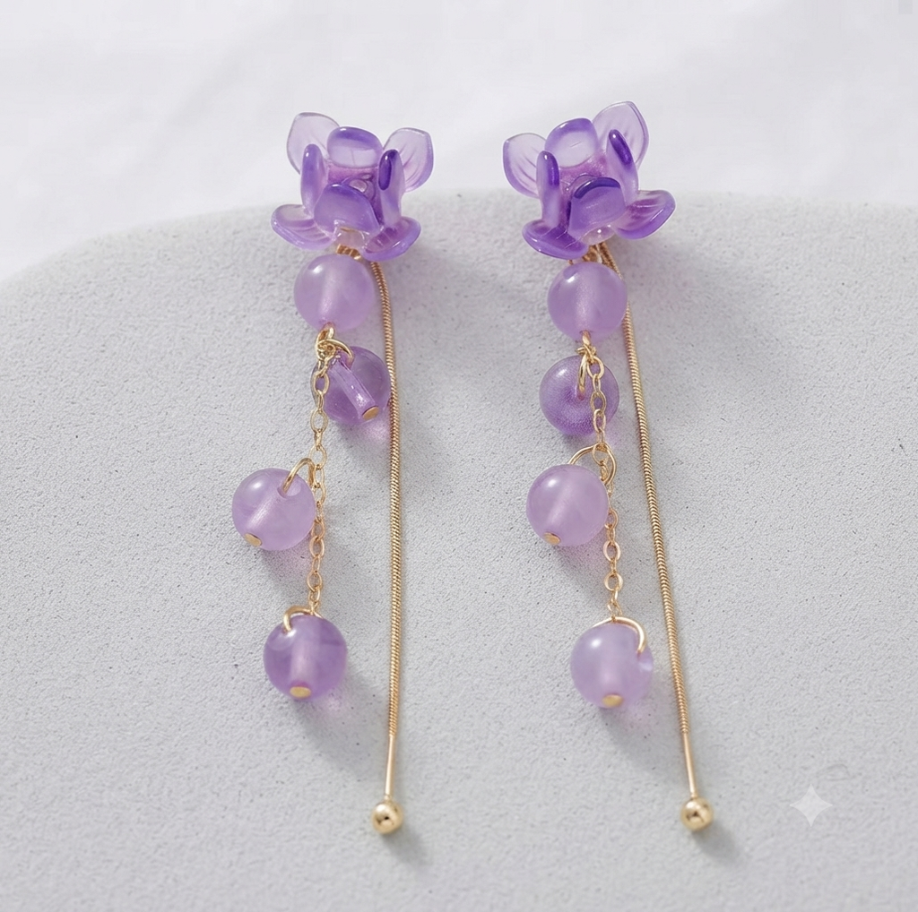 Purple Wisteria Flower Tassel Drop Earrings