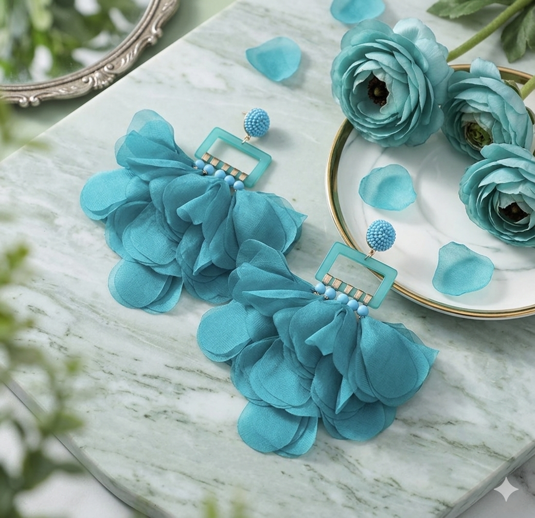 Teal Chiffon Petal Drop Earrings