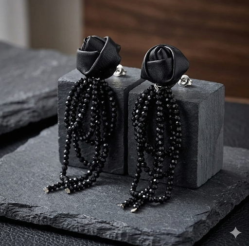 Black Rose Crystal Tassel Earrings