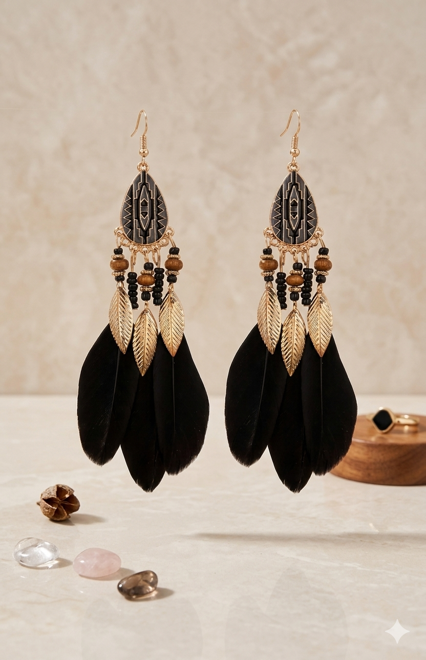 Black Feather Boho Drop Earrings