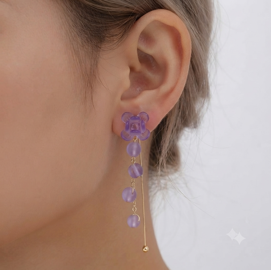 Purple Wisteria Flower Tassel Drop Earrings