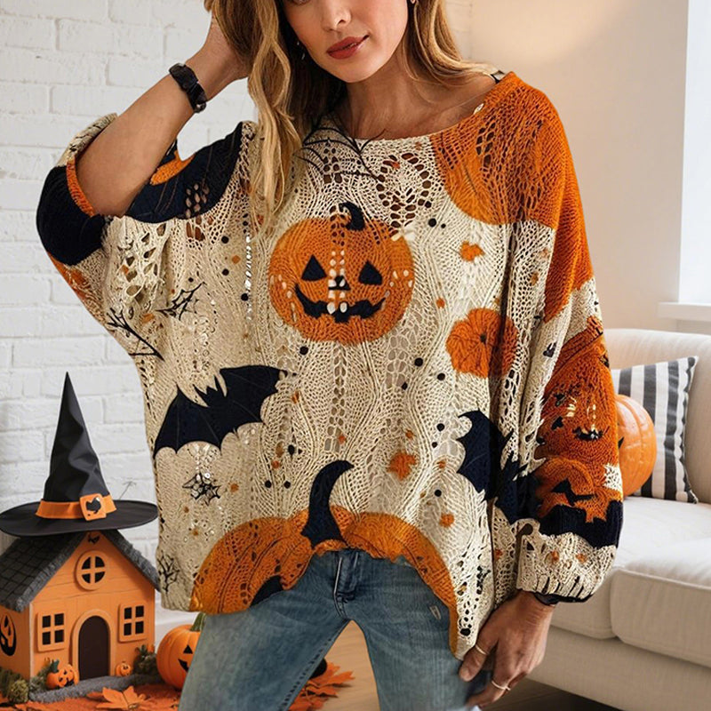 Halloween Pumpkin Batwing Sweater – Cutout Knit Fall Top S-XXL