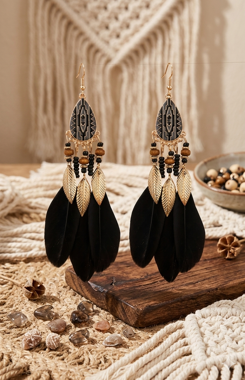 Black Feather Boho Drop Earrings