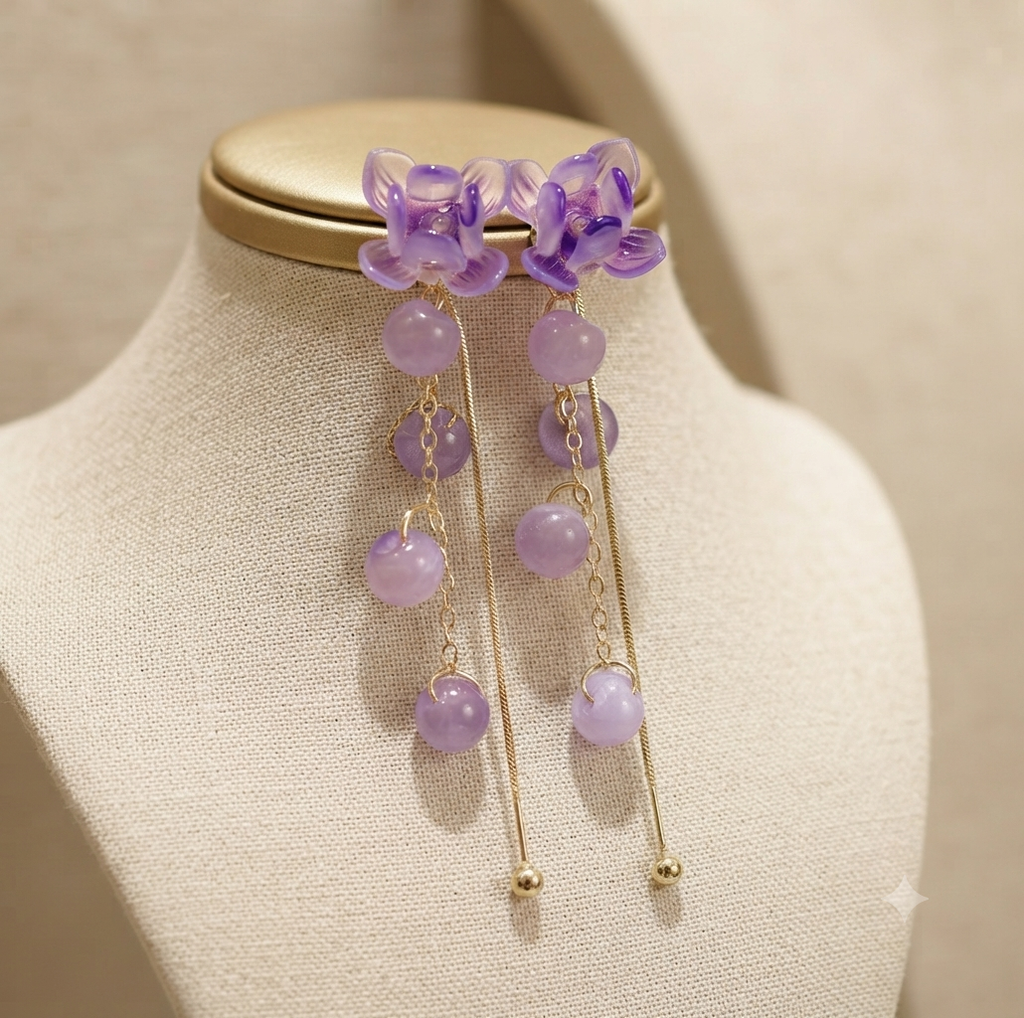 Purple Wisteria Flower Tassel Drop Earrings