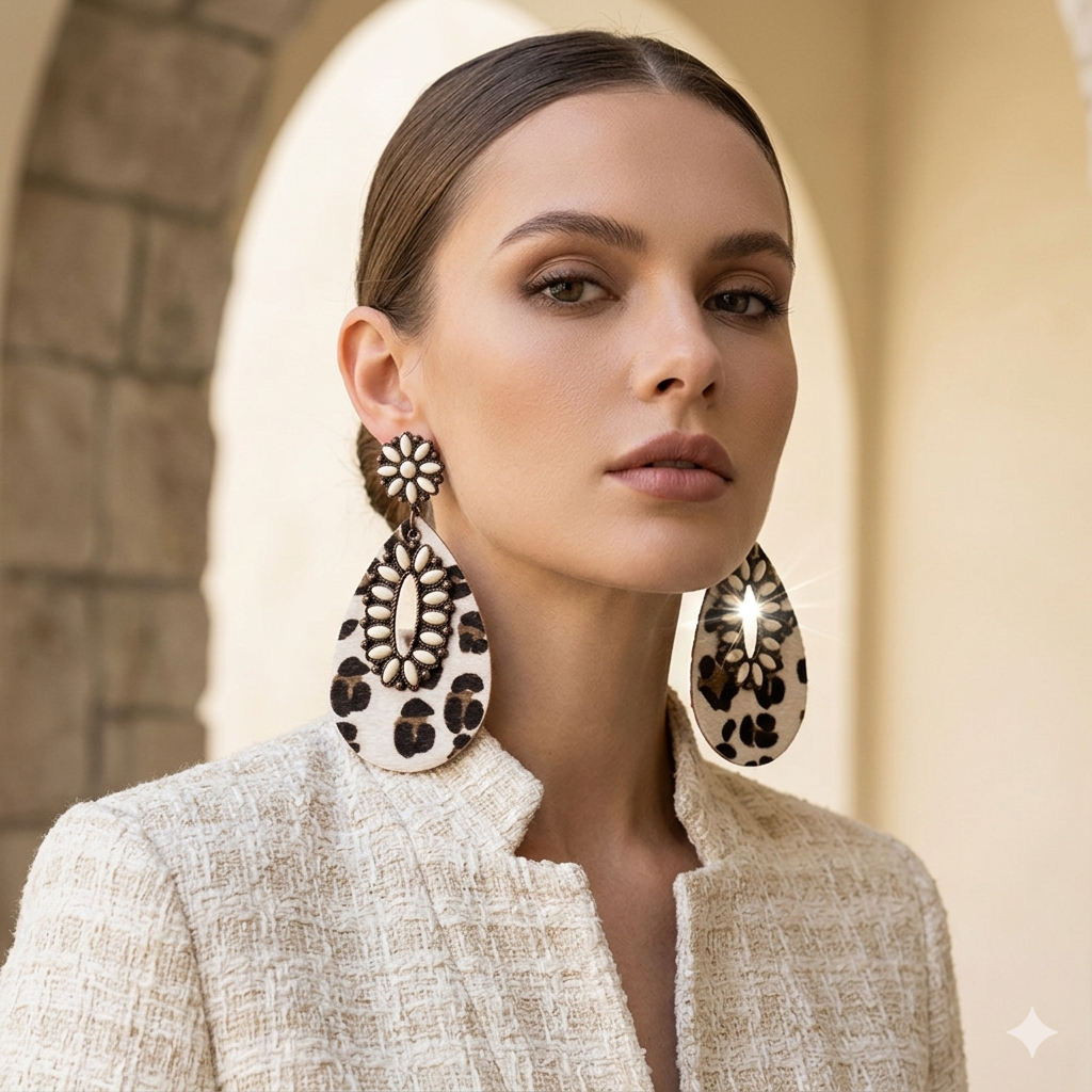 Cow Print Howlite Statement Earrings