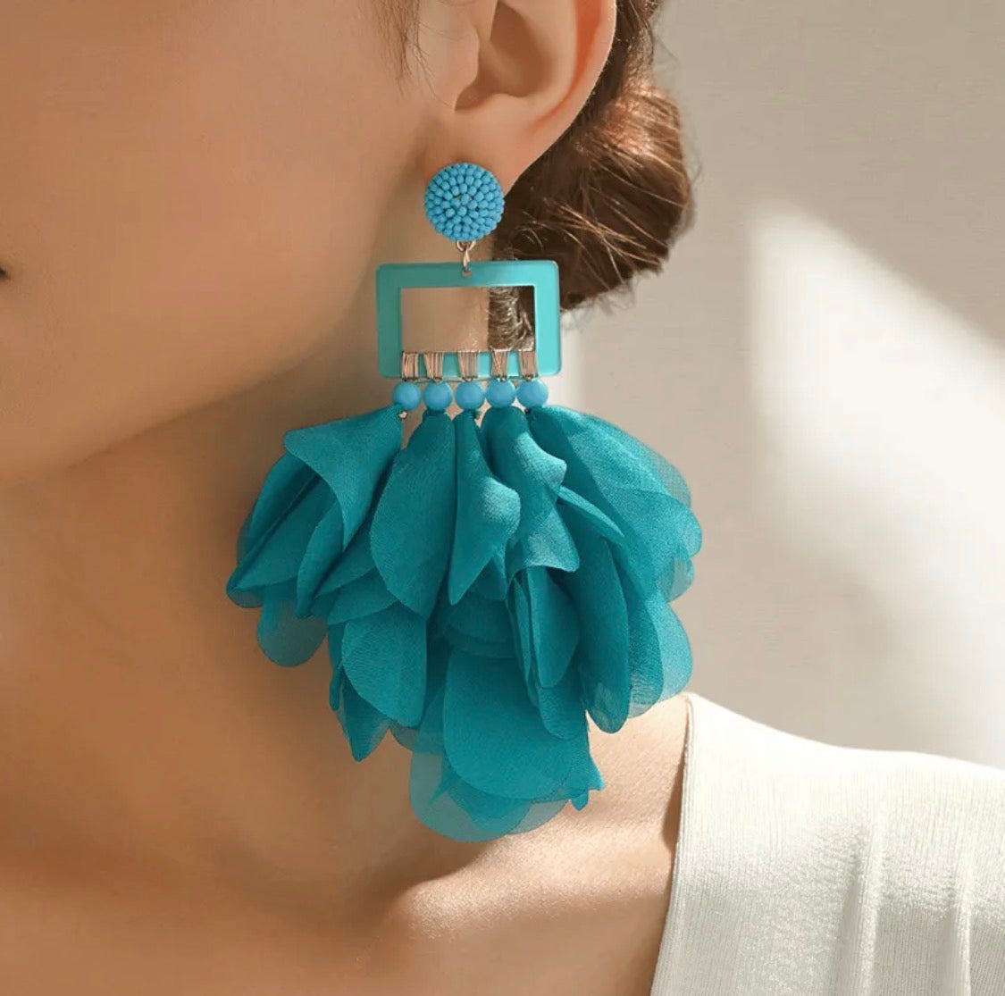 Teal Chiffon Petal Drop Earrings