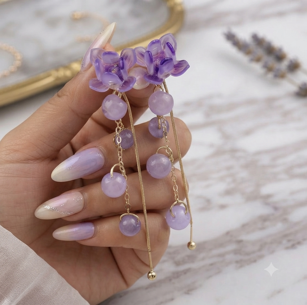 Purple Wisteria Flower Tassel Drop Earrings