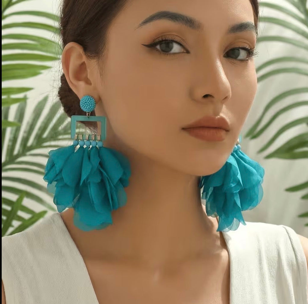 Teal Chiffon Petal Drop Earrings