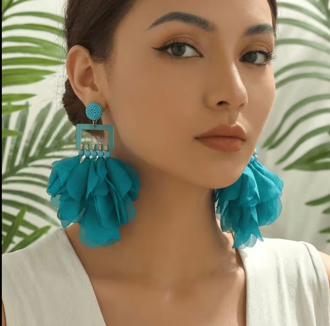 Teal Chiffon Petal Drop Earrings