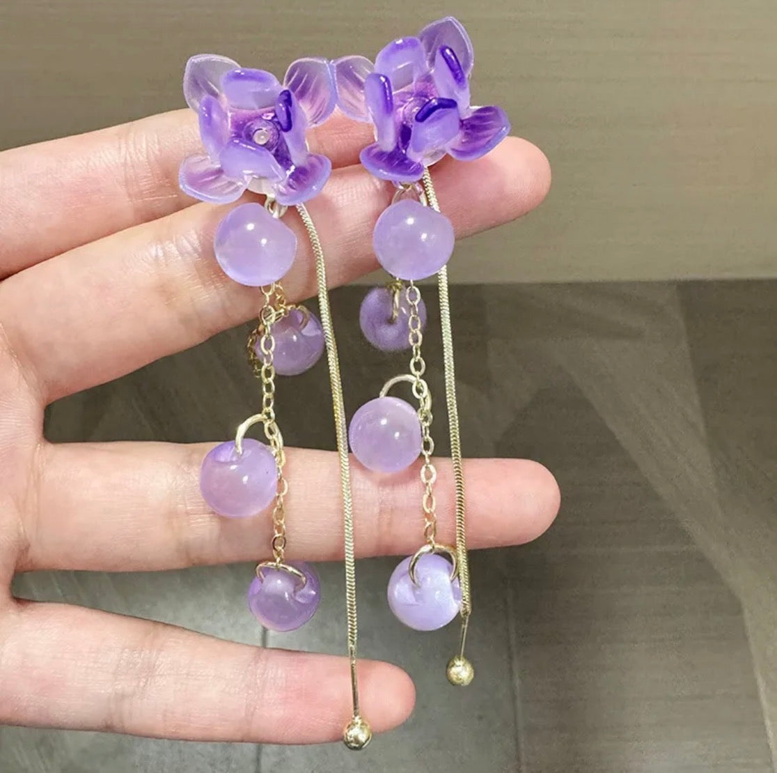 Purple Wisteria Flower Tassel Drop Earrings