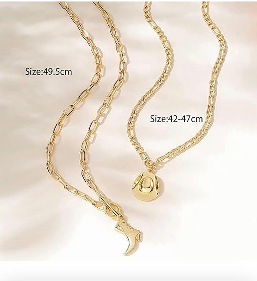 Western Charm Layered Necklace Set – Gold Cowboy Hat & Boot Pendants