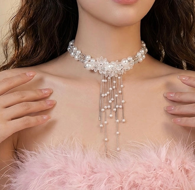 Faux Pearl Floral Tassel Choker Necklace