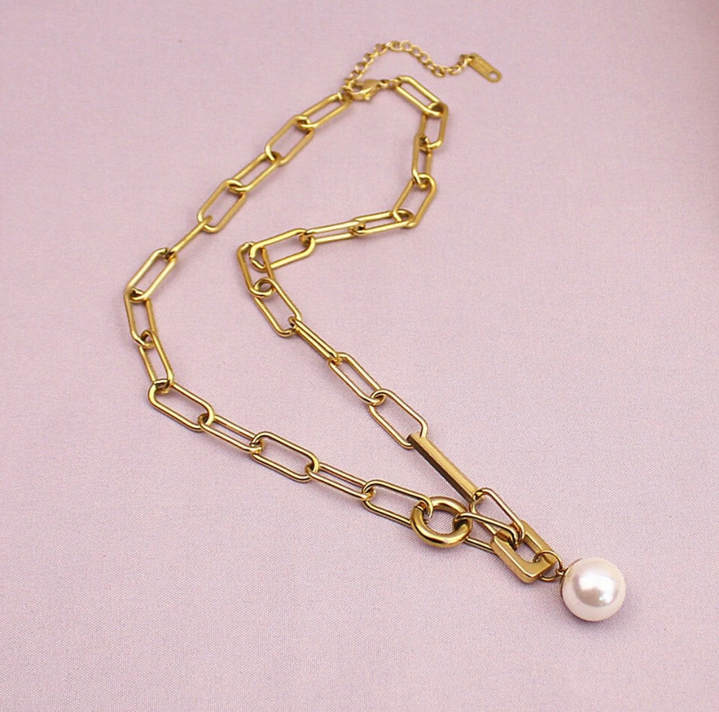 Gold Paperclip Chain Pearl Pendant Necklace – 18K Gold Plated Stainless Steel