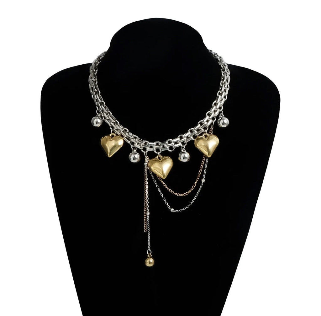 Stainless Steel Heart Charm Layered Choker Necklace