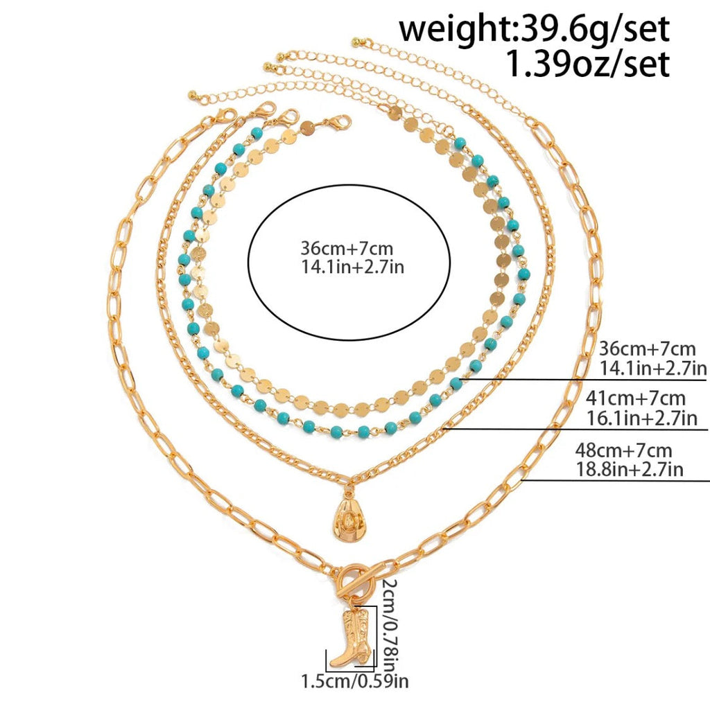 Western Boho Layered Necklace Set – 4-Piece Gold & Turquoise