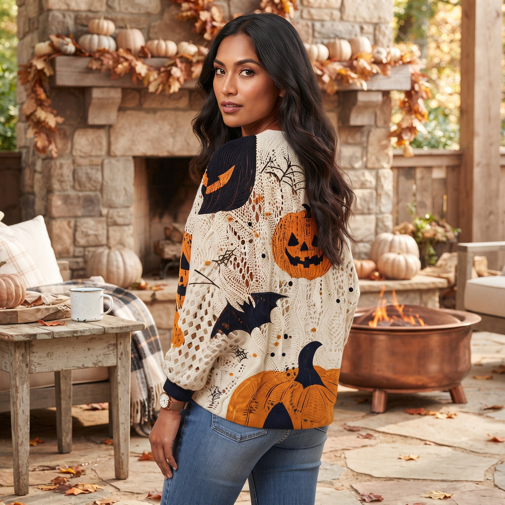 Halloween Pumpkin Batwing Sweater – Cutout Knit Fall Top S-XXL