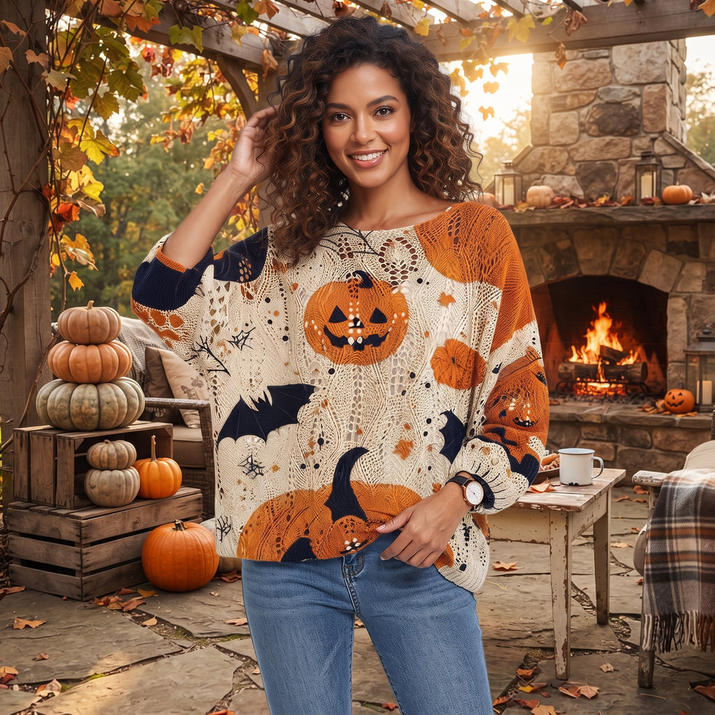 Halloween Pumpkin Batwing Sweater – Cutout Knit Fall Top S-XXL