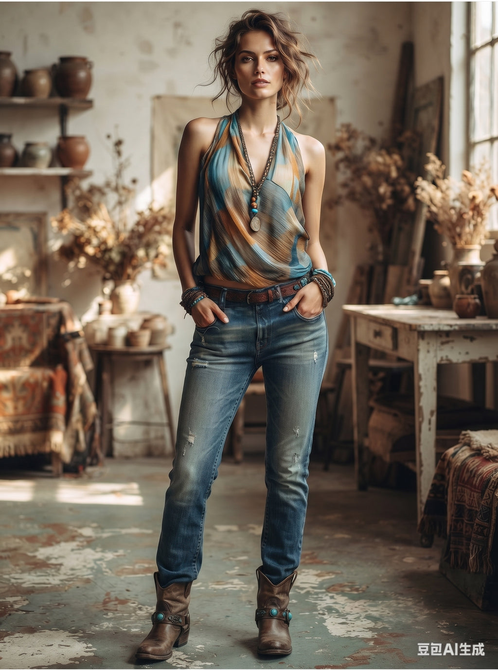Boho Wrap Halter Blouse Deep V Color-Block Top for Effortless Summer Style