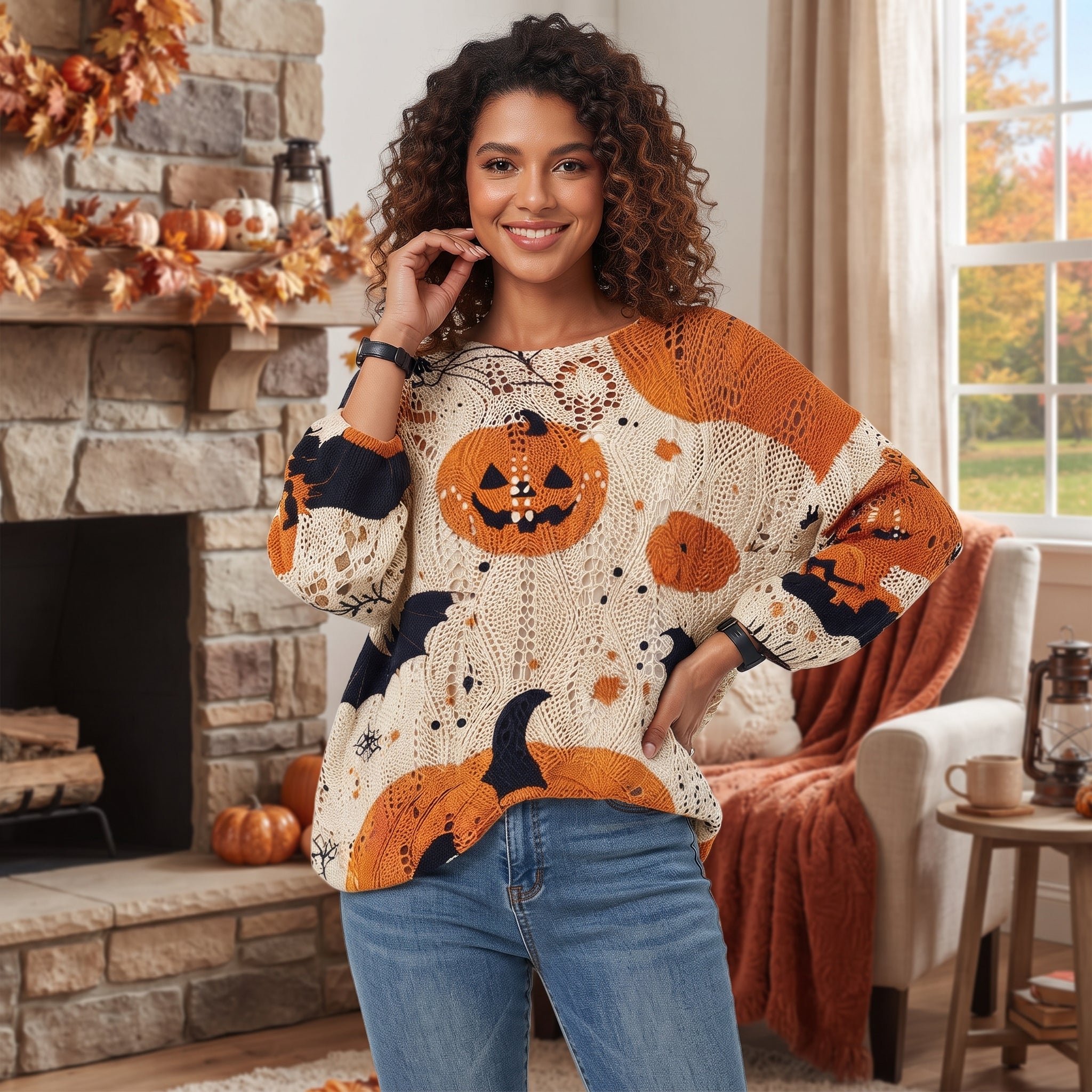 Halloween Pumpkin Batwing Sweater – Cutout Knit Fall Top S-XXL