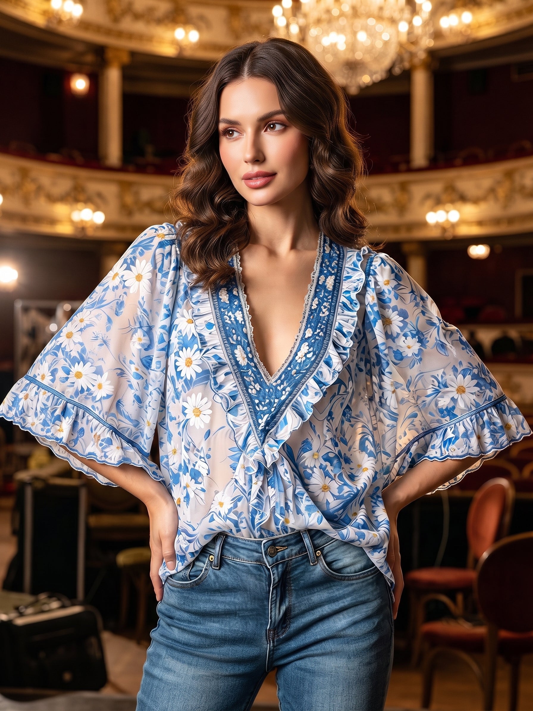 Blue Daisy Floral Chiffon Blouse – Deep V Ruffle Trim Batwing Sleeve Top