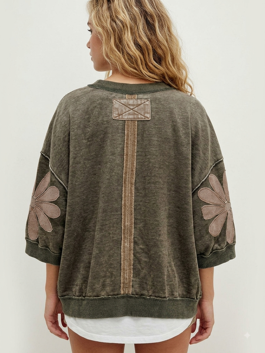 Mineral Wash Raw Seam Patchwork Flower Patched 3/4 Sleeve Loose Top