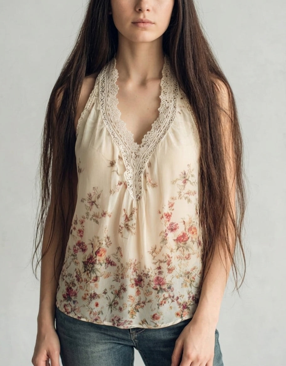 French Vintage Floral Lace Halter Blouse – Bohemian V-Neck Chiffon Top