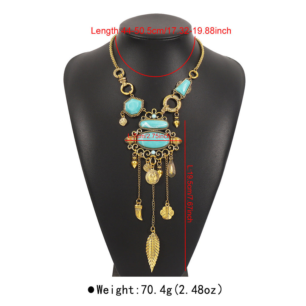 Turquoise Statement Necklace with Feather Charms