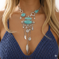 Turquoise Statement Necklace with Feather Charms