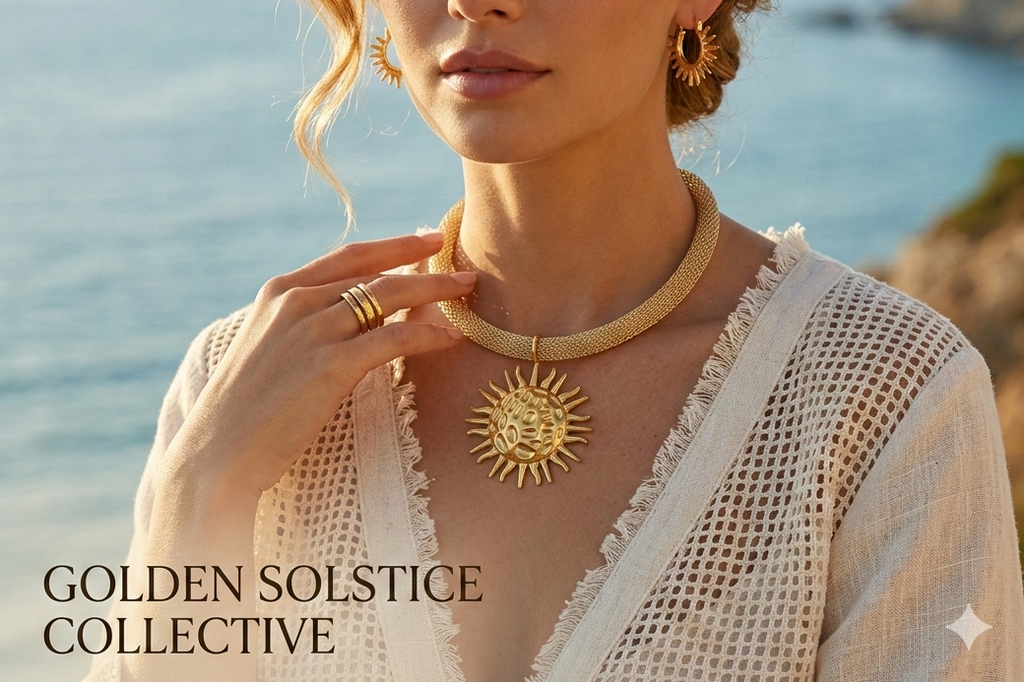 Woman wearing a gold necklace with a scenic background, featuring 'Golden Solstice Collective'.