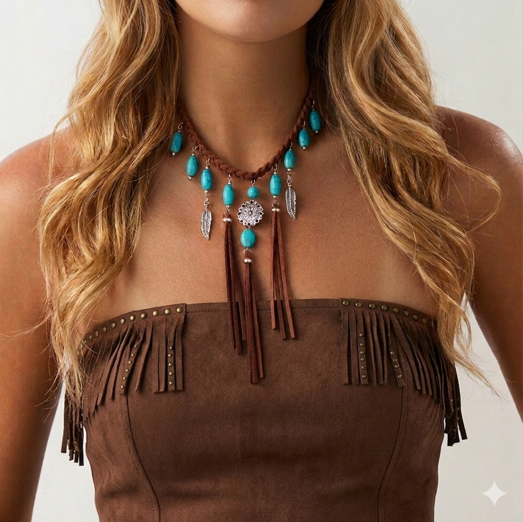 Turquoise Leather Fringe Necklace