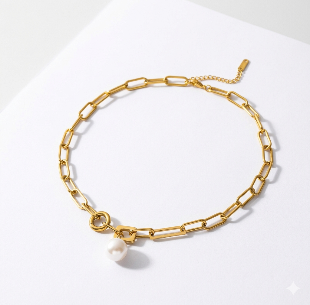 Gold Paperclip Chain Pearl Pendant Necklace – 18K Gold Plated Stainless Steel