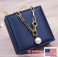 Gold Paperclip Chain Pearl Pendant Necklace – 18K Gold Plated Stainless Steel