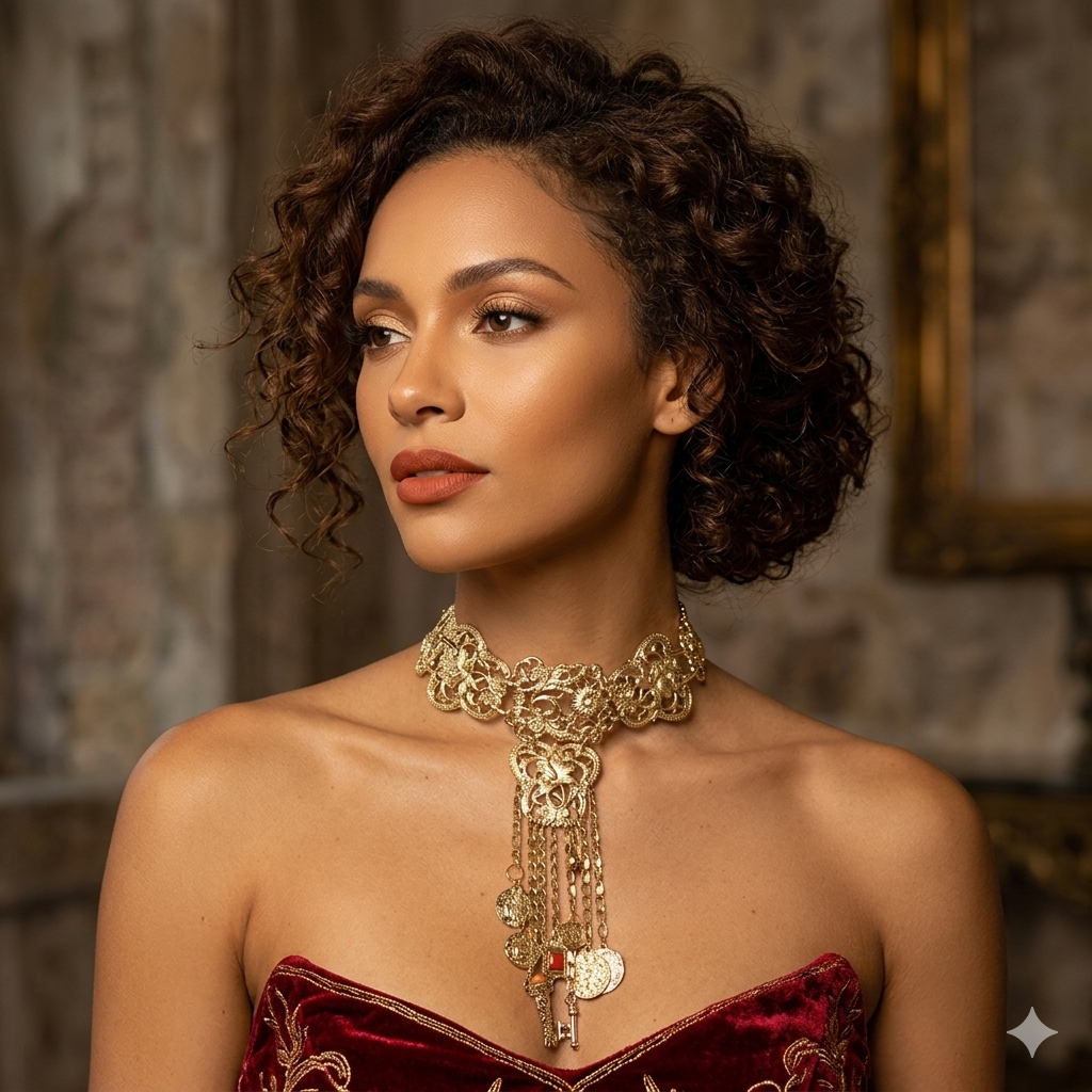 Baroque Gold Filigree Charm Choker Necklace