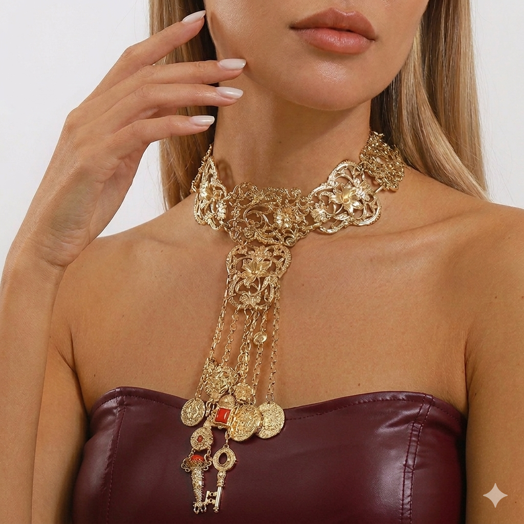 Baroque Gold Filigree Charm Choker Necklace