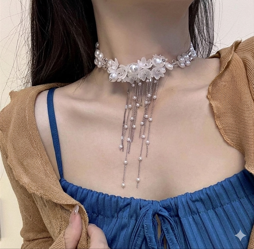 Faux Pearl Floral Tassel Choker Necklace