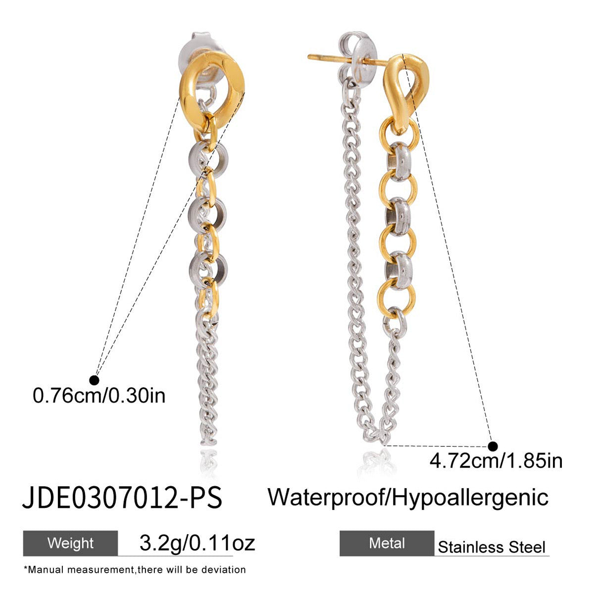 Two-tone chain drop earrings on marble tray with hand cream