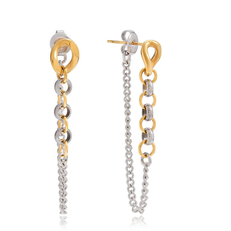 Two-tone chain drop earrings product shot on white background