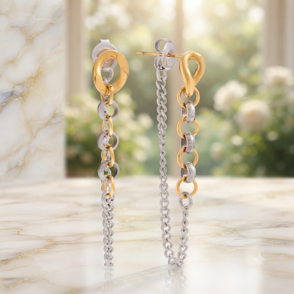 Two-tone chain drop earrings flat lay