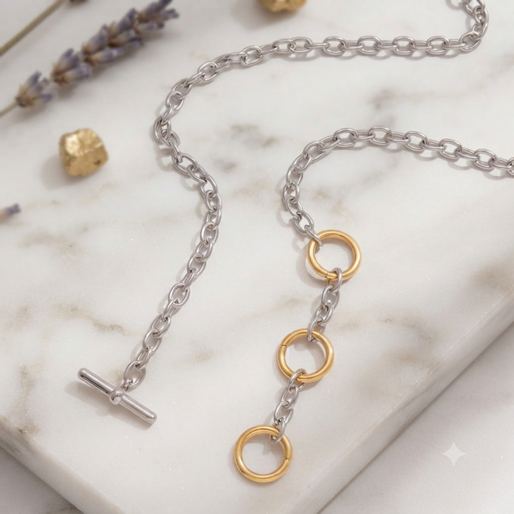 Two-tone OT toggle chain necklace specs and dimensions infographic