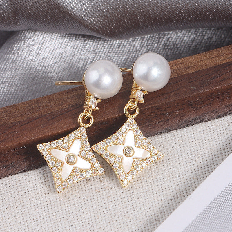 Pearl & Crystal Star Drop Earrings