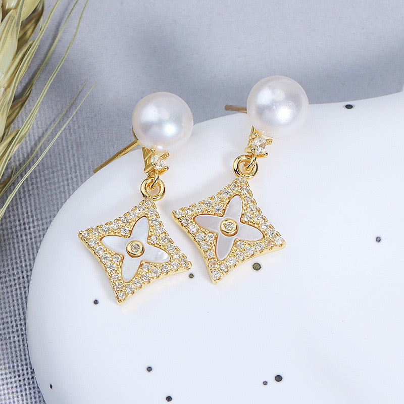Pearl & Crystal Star Drop Earrings