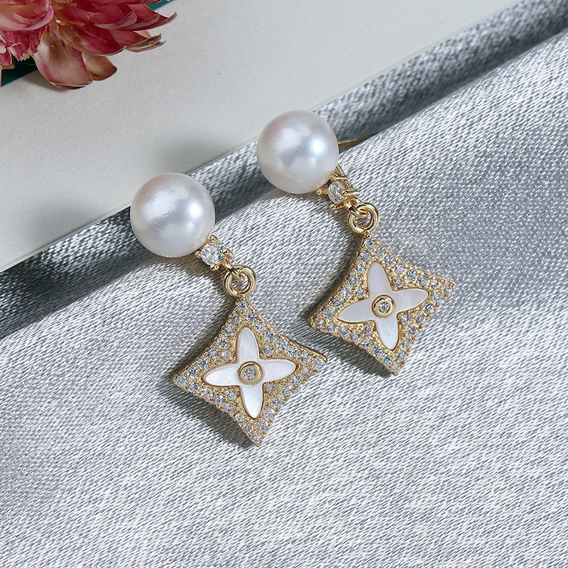Pearl & Crystal Star Drop Earrings