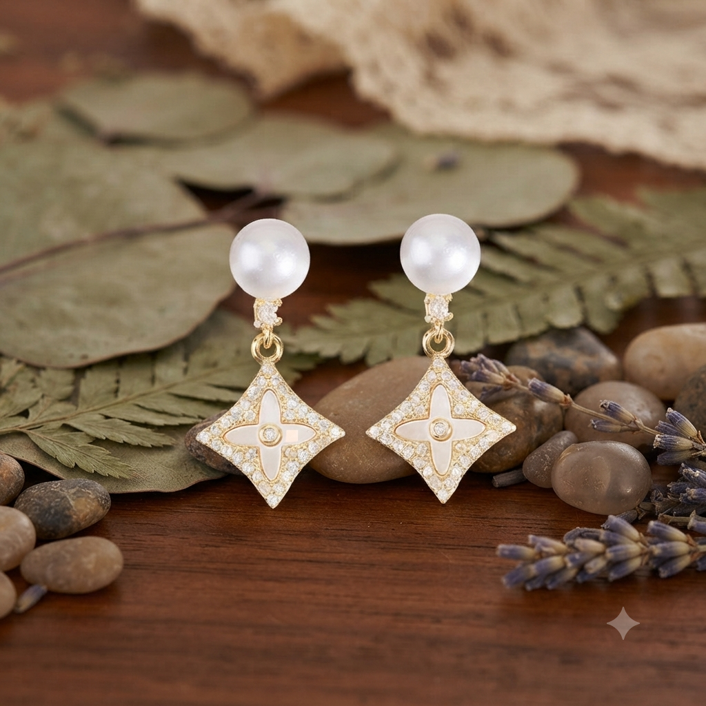 Pearl & Crystal Star Drop Earrings