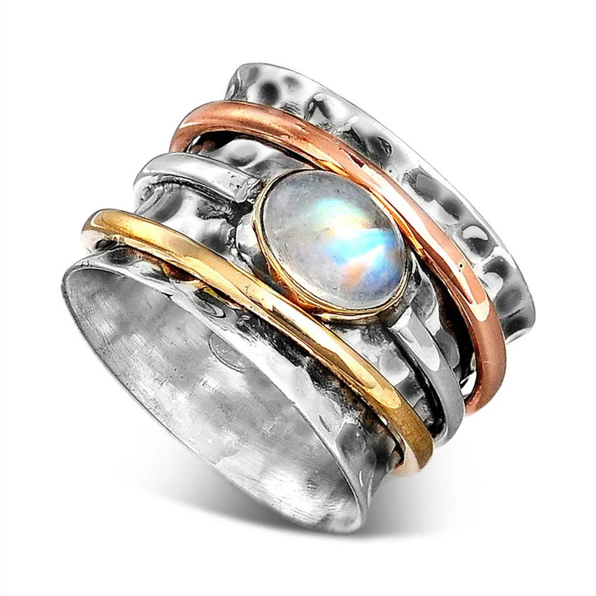 Moonstone tri-tone spinner ring product shot on white background